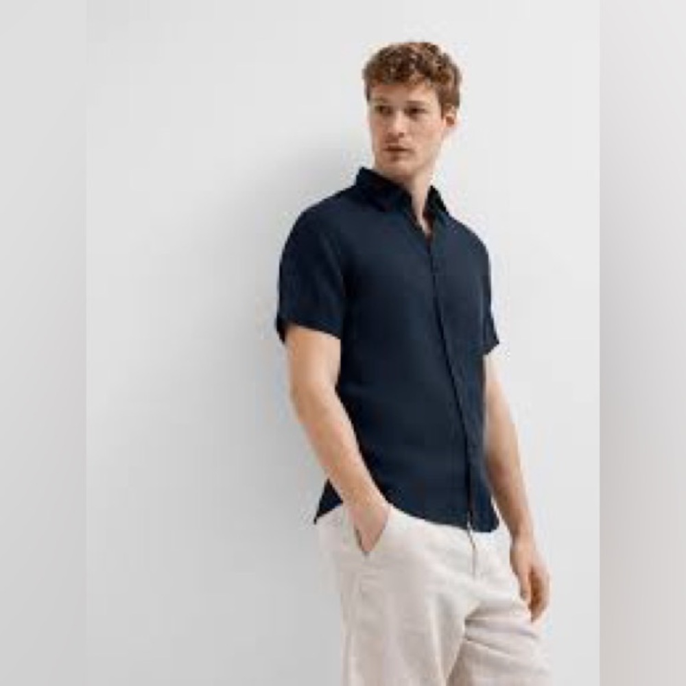 SELECTED HOMME SLHREGNEW LINEN Blend SS RESORT WEAR BUTTON DOWN SHIRT SZ L NAVY